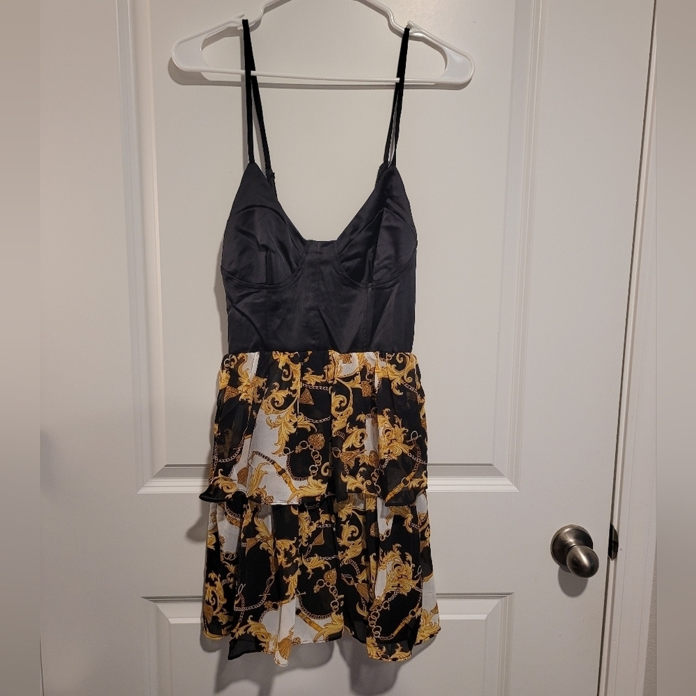 Hers & Mine Black and Gold Chain Print Bustier Dress